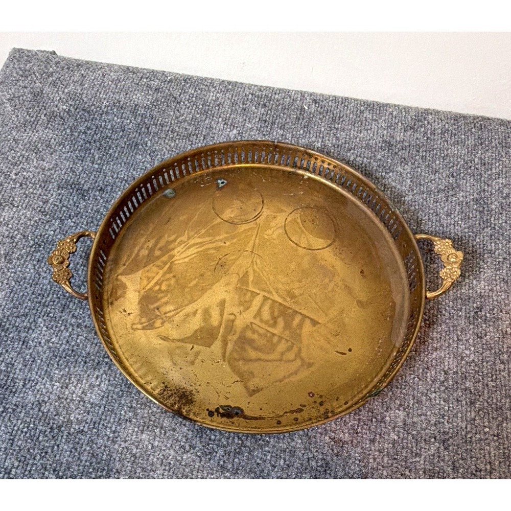 Round Gold Metal Serving Tray w/ Handles, Vintage/Retro Antique Finish, 12 in